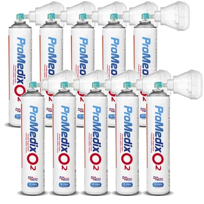 A group of portable oxygen canisters arranged in two rows against a white background.
