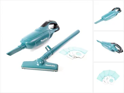 A teal and black Makita handheld vacuum cleaner with attachments and filter bags, displayed on a white background.