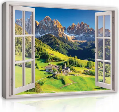 Produktbild von Leinwand Bilder Fensterbilck Berge Gebirge - 80x60 cm - Panorama Natur Landschaft Modern Canvas Leinwandbild XXL Illusion Fenster Küche Schlafzimmer Wohnzimmer Wandbild Kunstdruck Wandbilder Wand Bild auf Leinwand Aufhängefertig