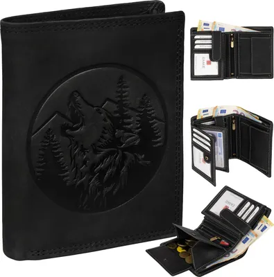 Produktbild von RFID Büffel Echt Leder Geldbörse Portemonnaie Herren mit geprägtem Motiv Schwarz Hochformat Bergwolf