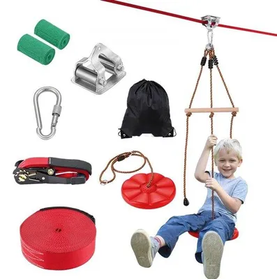 Image de Kit tyrolienne pour enfants & adultes - 20 m de tyrolienne jusqu'à 227 kg - tyrolienne d'arrière-cour plaisir de jeu - harnais de sécurité en nylon & kit d'accessoires
