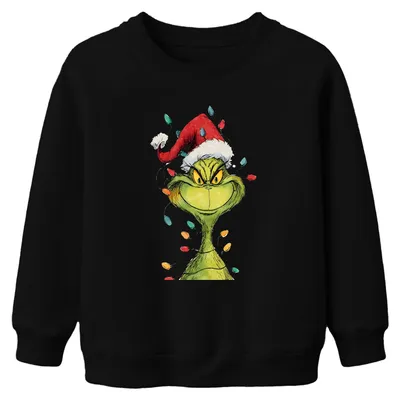 Produktbild von Grinch böser Grinser Lichterkette Weihnachten Geschenk retro Uni Kinder Sweatshirt Pullover, Schwarz, 152