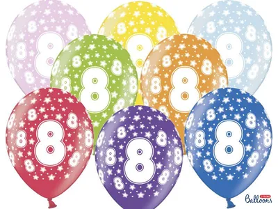 Zdjęcie produktu dla Balony lateksowe z nadrukiem '8' na urodziny, Metaliczne Mix, 30cm, 6 szt.
