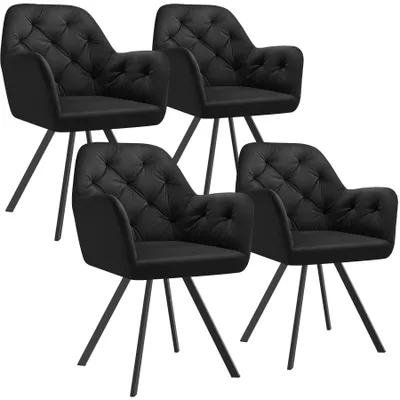 Four black upholstered armchairs with tufted seats and metal legs are arranged in a staggered formation against a white background.