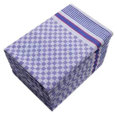A stack of folded blue checkered kitchen towels with red and blue stripes on top.