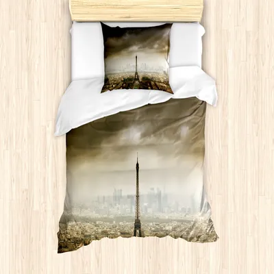 Produktbild von ABAKUHAUS Eiffelturm Mantele, Paris Skyline der Stadt, Milbensicher Allergiker geeignet mit Kissenbezügen, 135 cm x 200 cm - 80 x 80 cm, braun Beige