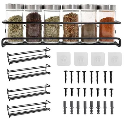 Produktbild von Wandmontiertes Gewürzregal, 4er-Set, ohne Bohren aufhängbar, Küchenregal aus Metall, schwarz