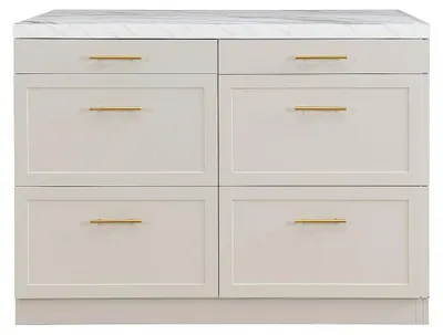 Produktbild von Kücheninsel mit 6 Schubladen aus MDF und Metall – Beige, Weißmarmor-Optik – LASKINA