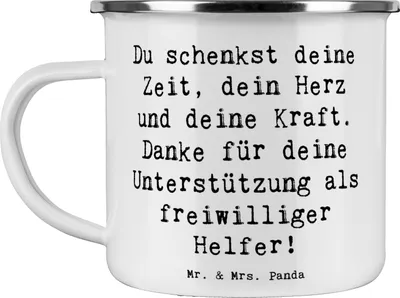 Produktbild von Mr. & Mrs. Panda Teetasse Spruch Freiwilliger Dank - Weiß - Geschenk, Emaille Becher, Aufmerksamkeit, Bedanken, Geschenke, Freiwilligenarbeit, Kaffeepott, Beitrag, Danke