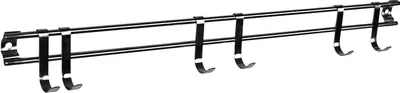 A stainless steel kitchen rail with six hooks, mounted against a white background.