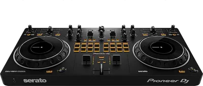 A black Pioneer DJ DDJ-REV1 DJ controller is shown against a white background.