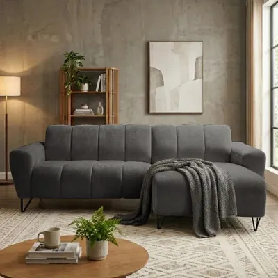 Produktbild von Ecksofa VOLARE MINI L-Form, Ottomane rechts, Chenille Storm in Graphit, Sofa ohne Schlaffunktion, dekorative schwarze Metallbeine