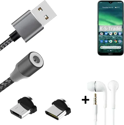 Produktbild von K-S-Trade® Hochwertiges Magnet-Lade-kabel Sync-Kabel Daten-Kabel + Kopfhörer für Nokia 2.3 mit USB-Typ-C-Anschluss und Micro-USB-Anschluss 2A bis