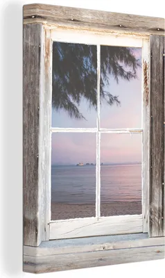 Produktbild von OneMillionCanvasses® - Leinwandbilder - 90x140 cm, Aussicht - Strand - Meer, - Geöffnetes Fenster - Fensterblick Schlafzimmer Kunstdruck Wanddekoration - Foto auf Leinwand - Gemälde auf Holzrahmen - Wandschmucke - Schlafzimmer