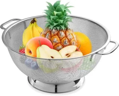 Obrázek produktu pro Sítko na těstoviny, průměr 25,4 cm - z nerezové oceli s mikroperforacemi - s rukojeťmi - ideální pro scedění těstovin