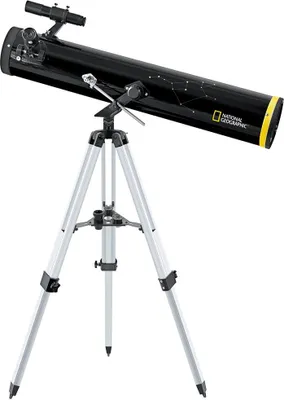 A black telescope on a silver tripod against a white background.