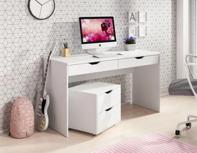 Produktbild von Schreibtisch 140 cm Larro - Computertisch mit Schubladen & Rollcontainer (Weiß)