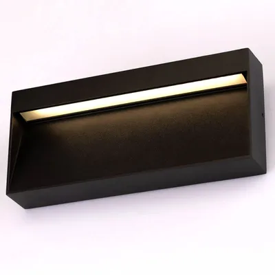 A modern black outdoor wall light with a warm LED light strip, mounted on a white background.