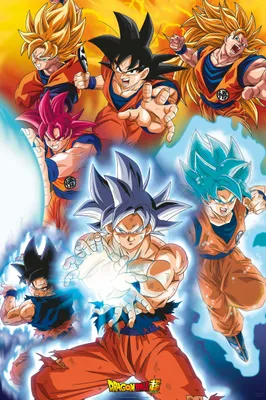 A collage of Goku in various transformations from Dragon Ball Super, with a dynamic, action-packed background.