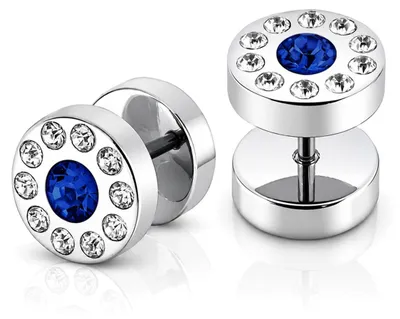 Produktbild von 2x Fake Plug Ohrstecker Edelstahl Strass Kristall Tunnel Piercing 10 mm Silber - blau