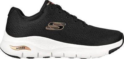 A side view of a black Skechers Arch Fit shoe with rose gold accents.