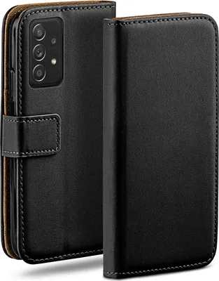 A black flip case for a smartphone is shown from a slightly angled front view.