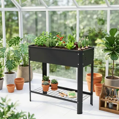 Produktbild von CEEDIR Hochbeet Metall 80x35x80 cm, Pflanzkasten aus verzinktem Stahl, für Kräuter und Gemüse, mit Ablageboden und Haken, wetterfest für Balkon, Terrasse und Garten, Schwarz