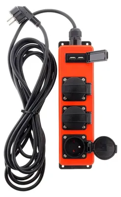 Obrázok produktu pre Vodotesná káblová zásuvková lišta, 3 zásuvky + 2 USB, červená