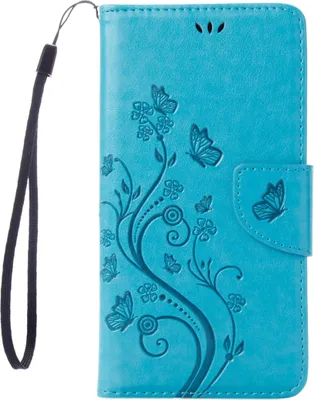 A blue flip case for a phone with a floral and butterfly embossed design.