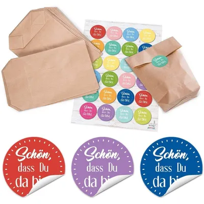 Produktbild von 24 kleine braune natur Papiertüten mit Boden Papier-Beutel 14 x 22 x 5,6 cm + 24 runde Aufkleber 4 cm SCHÖN DASS DU DA BIST in rosa pink weiß Verpackung Hochzeit give-away Gastgeschenk natürlichBunt