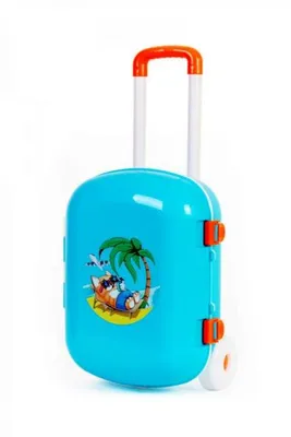 A blue toy suitcase with a cartoon image of a cat relaxing on a beach under a palm tree.