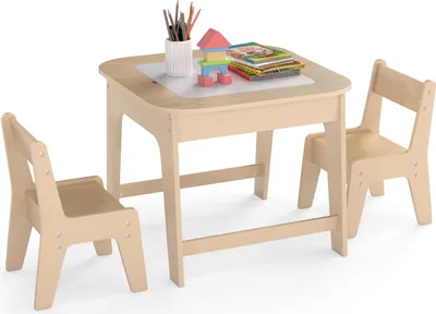 Immagine prodotto di COSTWAY set di tavolo e sedie per bambini, tavolo da disegno per bambini con piano bifacciale, spazio di archiviazione nascosto e natura + bianco
