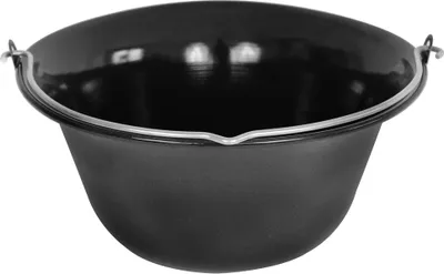 A black enamel goulash pot with a metal handle is shown against a white background.
