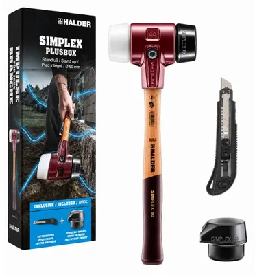 Image de SIMPLEX-Plusbox Starterkit, marteau de protection SIMPLEX D60, composition de caoutchouc / superplastique, avec boîtier en fonte malléable ainsi qu'un insert de frappe en composition de caoutchouc avec pied et un cutter | 3027s027