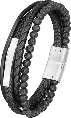 Produktbild von Karisma Männer Mehreihiges Lederarmband Lavasteinen Platte Länge 21cm BLQ254 - Silber