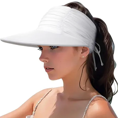 Produktbild von Visor Sonnenhut Damen Breite Krempe Faltbar Pferdeschwanz UV Schutz UPF 50+ Weiß