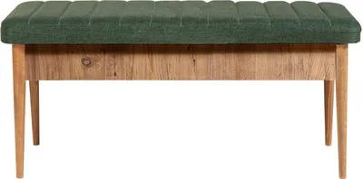 A bench with a green upholstered seat and a wooden base.