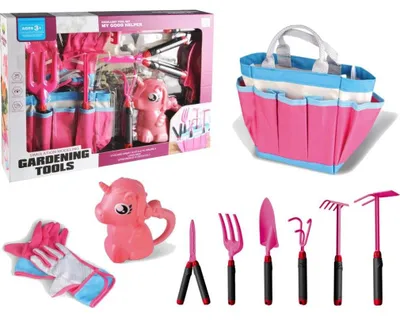 Image de Kit de jardinage Sac d'outils Gants Râteau Rose Licorne