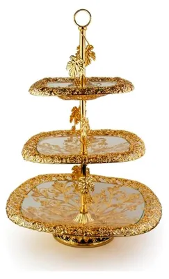 Produktbild von 3-stöckige Etagere Servierplatte mit goldenen Blattornamenten