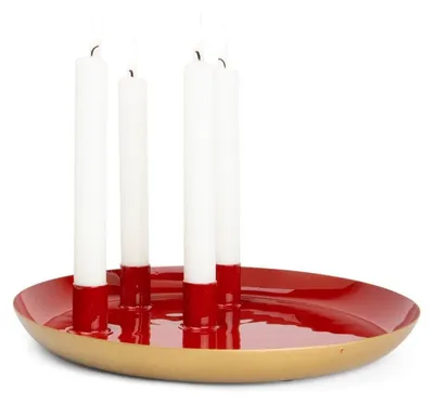 Produktbild von Weihnachtlicher Teller Rot glänzend 4 feste Stabkerzenhaltern Ø 26 cm - Metall