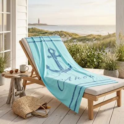Produktbild von Ahoi Badetuch 90x180 cm, 100 % Baumwolle, Strandtuch / Strandlaken, maritimes Design mit Anker, hochwertig, weich und flauschig