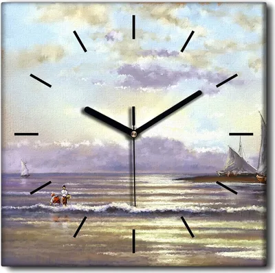 Produktbild von Coloray Uhr auf Leinwand 30x30 cm Wand Uhr Dekoration Wohnzimmer Segeltuch schwarze Hände -Meer-Fischerlandschaft.