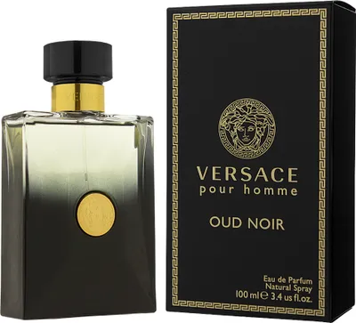 A bottle of Versace pour Homme Oud Noir Eau de Parfum and its packaging are displayed against a white background.