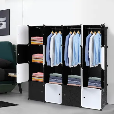Produktbild von FCH Kleiderschrank mit 3 Kleiderstangen, DIY Baukastensystem, Steckregale, tiefe Ausführung, 4 Ebenen, 16 Fächer, 142x47x142cm, schwarz und weiß