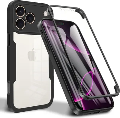 A black and clear iPhone case with a screen protector is shown against a white background.