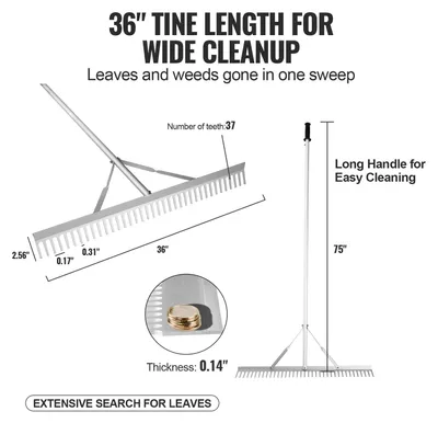 Produktbild von VEVOR Landschaftsrake, 915mm Kopf Aluminium Landschaftsrake, See-Unkrautrake mit 1915mm langem Griff, zum Lockern von Erde, Rasenpflege, Unkrautjäten im See, Garten, Teich, Kabellos, 75 Zoll
