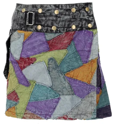 Produktbild von Kurzer Patchwork Elfen Wickelrock, Patchwork Rock, Vintage Rock - Schwarz, Damen, Mehrfarbig, Baumwolle, Größe: S/M
