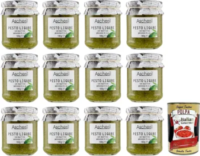 Produktbild von 12x Ascheri 1960 Pesto Ligure con Basilico Genovese,Pesto Sauce mit Genuesischem Basilikum d.o.p. Glas 180g + Italian Gourmet Polpa di Pomodoro 400g Dose