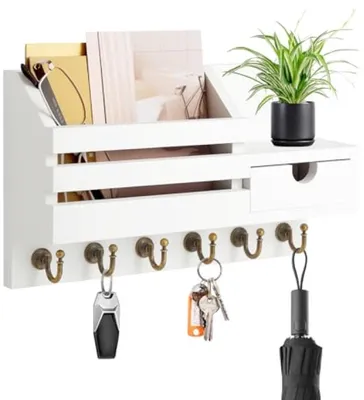 Productafbeelding van PromoHome® sleutelbord met opbergruimte - Houten sleutelhouder met 6 haken en een opbergla. - Sleutelbord voor aan de muur
