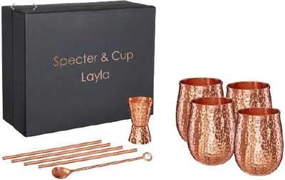 Produktbild von Kupferbecher Layla 4er Set 500ml mit Zubehör, 100% reines Kupfer, Cocktailbecher, Barset